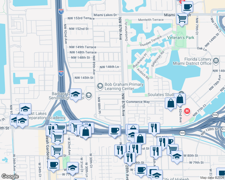 map of restaurants, bars, coffee shops, grocery stores, and more near 8732 Northwest 143rd Terrace in Hialeah