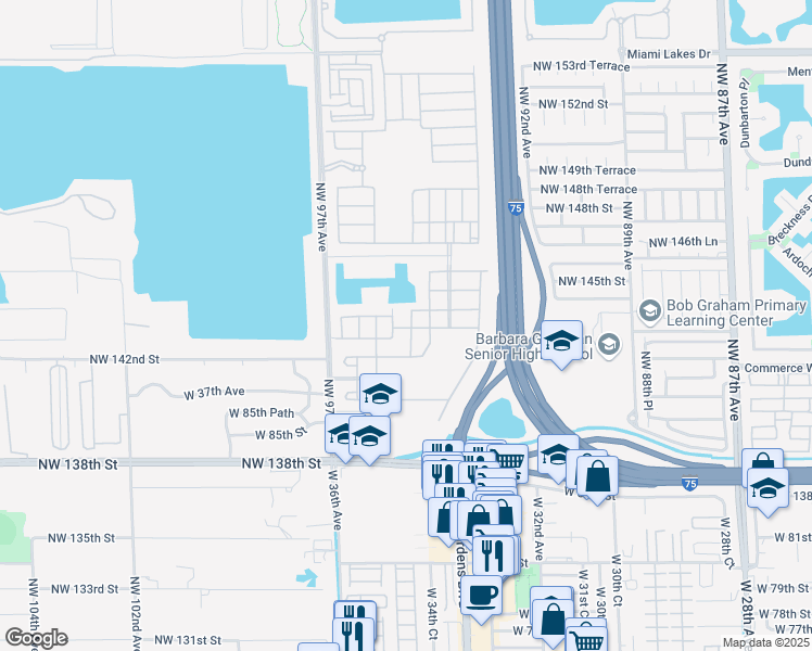 map of restaurants, bars, coffee shops, grocery stores, and more near 8912 West 34th Court in Hialeah