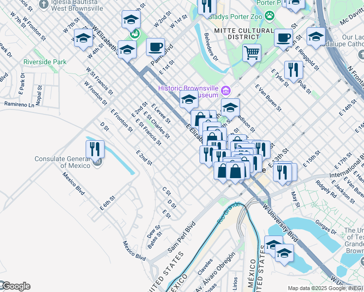 map of restaurants, bars, coffee shops, grocery stores, and more near 647 East Saint Charles Street in Brownsville