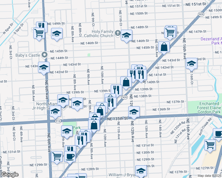 map of restaurants, bars, coffee shops, grocery stores, and more near 1041 Northeast 139th Street in North Miami