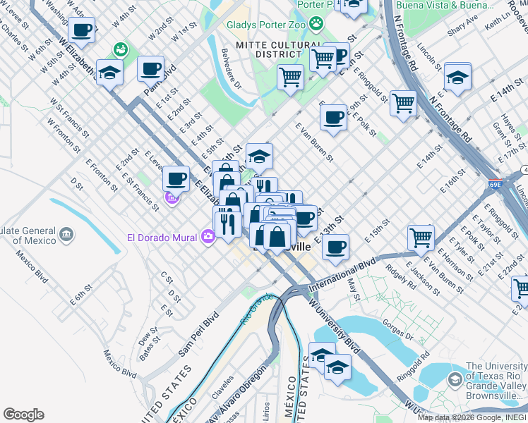 map of restaurants, bars, coffee shops, grocery stores, and more near 633 E 10th St in Brownsville