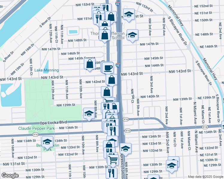 map of restaurants, bars, coffee shops, grocery stores, and more near 14135 Northwest 7th Avenue in Miami