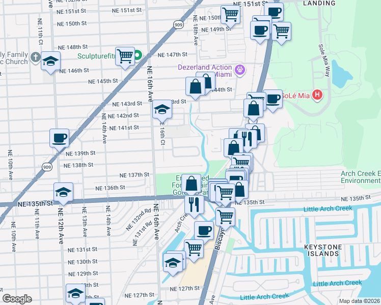 map of restaurants, bars, coffee shops, grocery stores, and more near 1721 Northeast 138th Street in North Miami