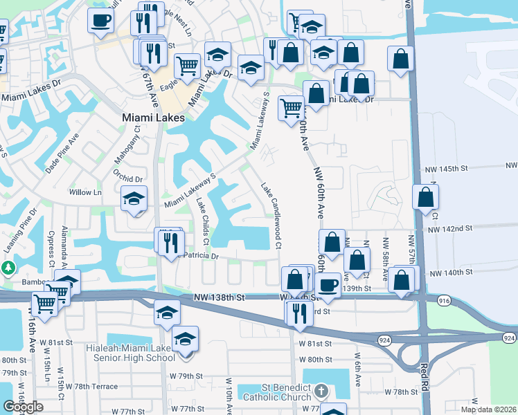 map of restaurants, bars, coffee shops, grocery stores, and more near 6327 Lake Champlain Terrace in Miami Lakes