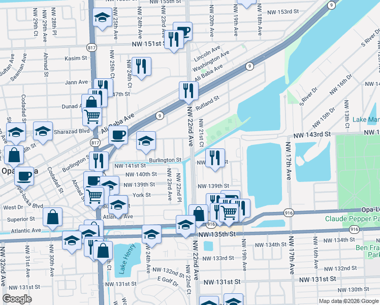 map of restaurants, bars, coffee shops, grocery stores, and more near 14155 Northwest 22nd Court in Opa-locka