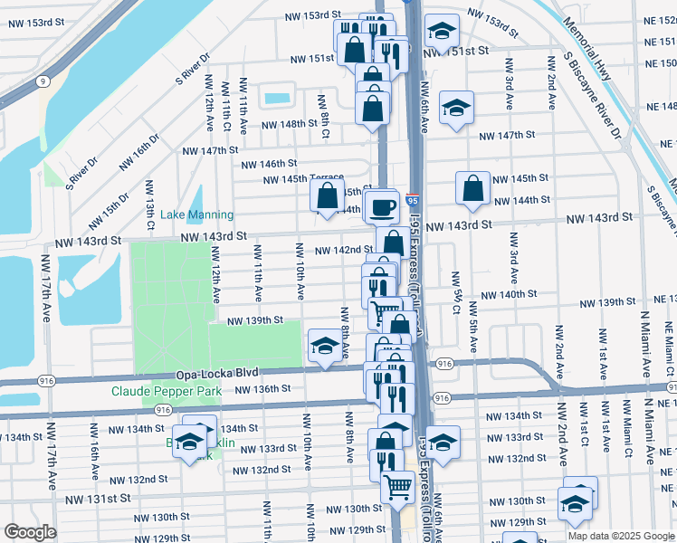 map of restaurants, bars, coffee shops, grocery stores, and more near 811 Northwest 140th Terrace in Miami