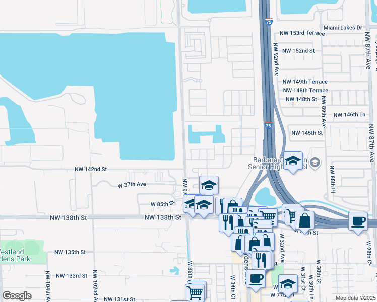 map of restaurants, bars, coffee shops, grocery stores, and more near 8906 West 35th Way in Hialeah