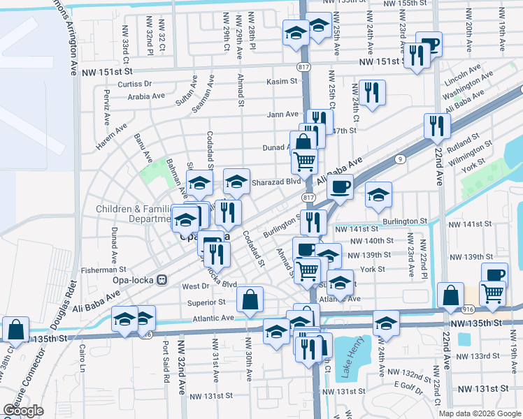 map of restaurants, bars, coffee shops, grocery stores, and more near 1201 Ali Baba Avenue in Opa-locka