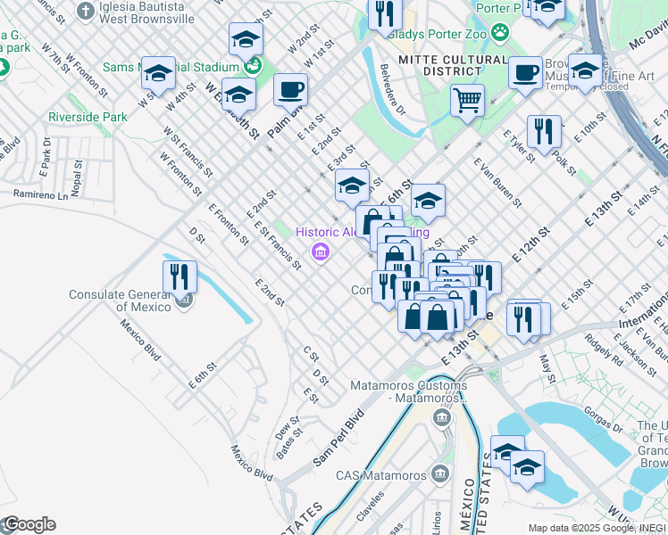 map of restaurants, bars, coffee shops, grocery stores, and more near 623 East Saint Charles Street in Brownsville