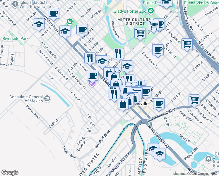 map of restaurants, bars, coffee shops, grocery stores, and more near 744 East Elizabeth Street in Brownsville