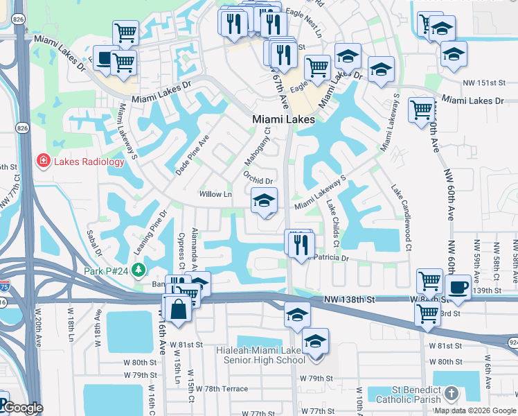 map of restaurants, bars, coffee shops, grocery stores, and more near 14250 Northwest 67th Avenue in Miami Lakes