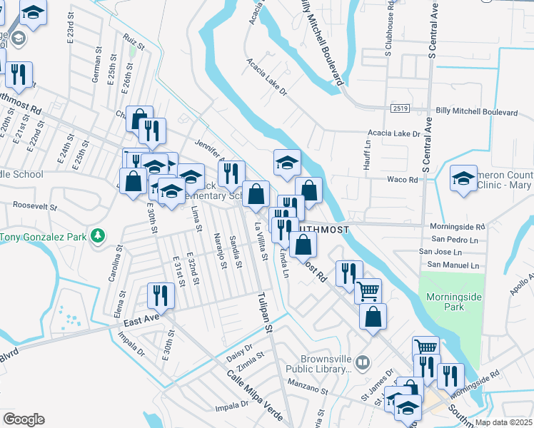 map of restaurants, bars, coffee shops, grocery stores, and more near 3243 Southmost Road in Brownsville