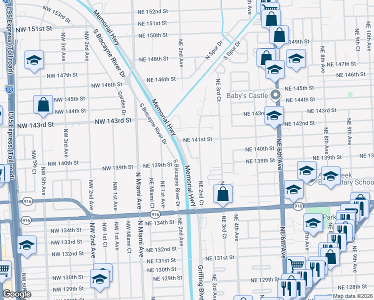 map of restaurants, bars, coffee shops, grocery stores, and more near 13961 Northeast 2nd Avenue in Miami