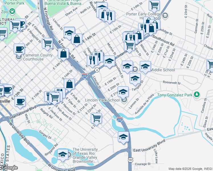 map of restaurants, bars, coffee shops, grocery stores, and more near 2033 East 20th Street in Brownsville