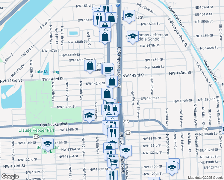 map of restaurants, bars, coffee shops, grocery stores, and more near 14135 Northwest 7th Avenue in Miami