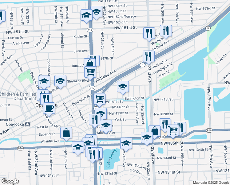 map of restaurants, bars, coffee shops, grocery stores, and more near 14120 Northwest 24th Avenue in Opa-locka