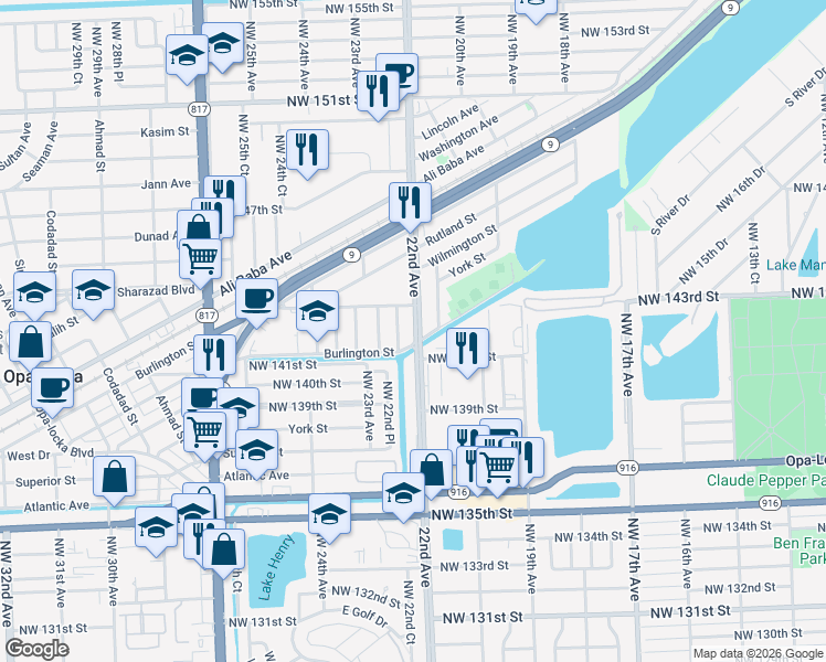 map of restaurants, bars, coffee shops, grocery stores, and more near 14155 Northwest 22nd Court in Opa-locka