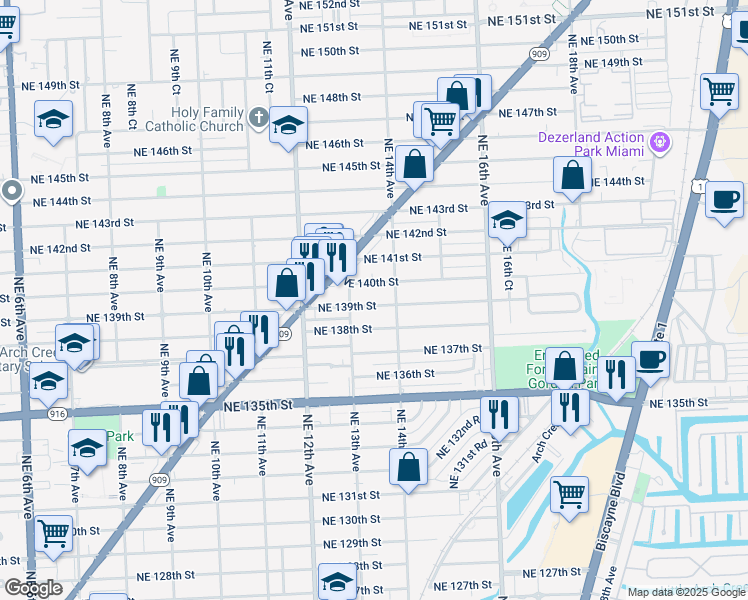 map of restaurants, bars, coffee shops, grocery stores, and more near 1340 Northeast 139th Street in North Miami