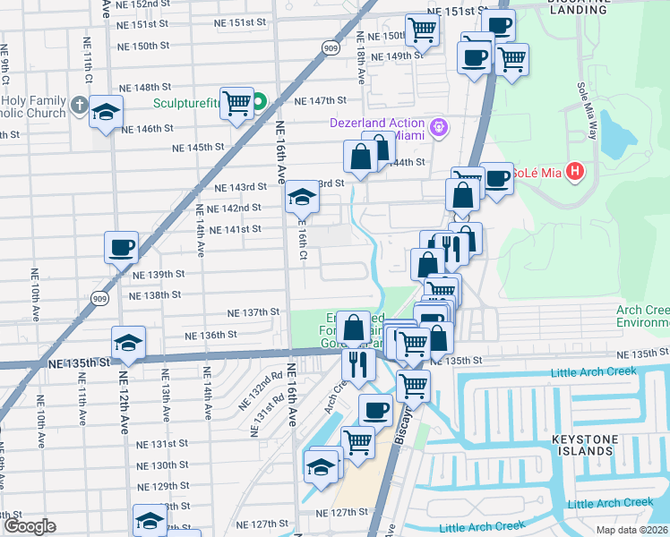 map of restaurants, bars, coffee shops, grocery stores, and more near 1721 Northeast 138th Street in North Miami