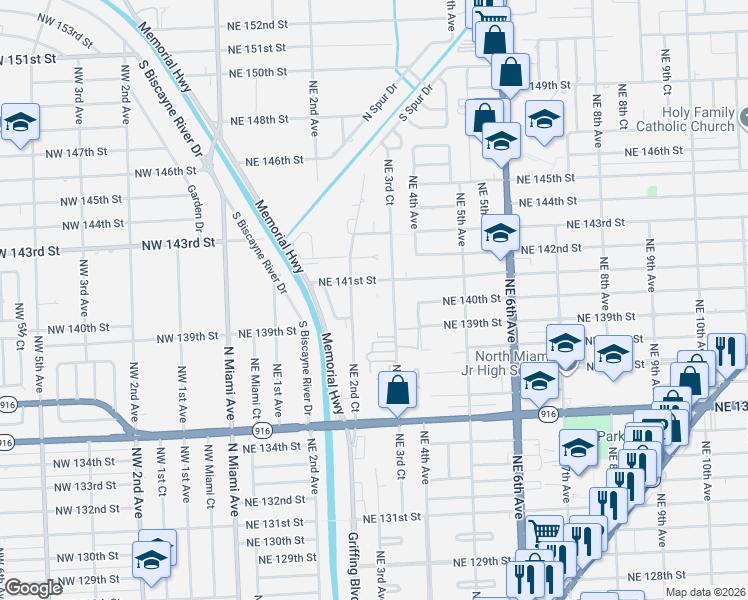 map of restaurants, bars, coffee shops, grocery stores, and more near 13900 Northeast 3rd Court in North Miami