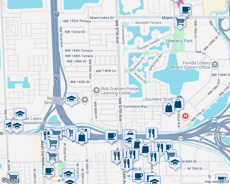 map of restaurants, bars, coffee shops, grocery stores, and more near 8732 Northwest 143rd Terrace in Hialeah