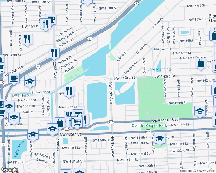 map of restaurants, bars, coffee shops, grocery stores, and more near 14115 Northwest 17th Avenue in Miami