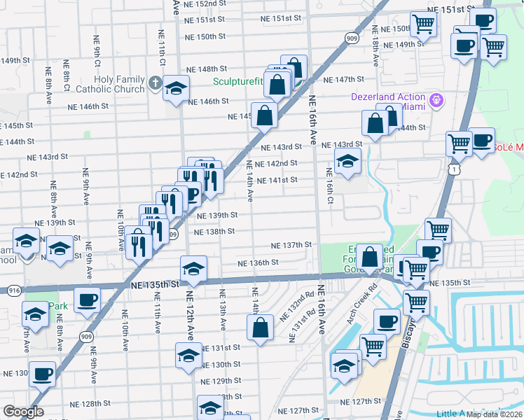 map of restaurants, bars, coffee shops, grocery stores, and more near 1420 Northeast 139th Street in North Miami