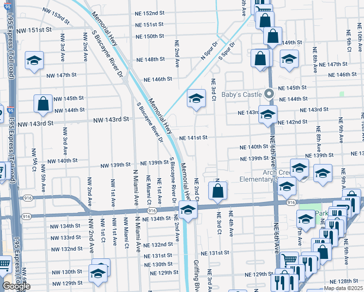 map of restaurants, bars, coffee shops, grocery stores, and more near 14006 Northeast 2nd Avenue in Miami