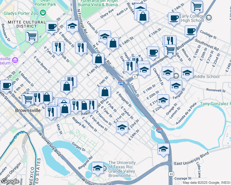 map of restaurants, bars, coffee shops, grocery stores, and more near 1844 East Ringgold Street in Brownsville
