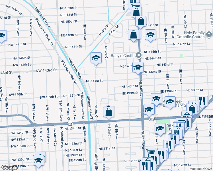 map of restaurants, bars, coffee shops, grocery stores, and more near 13900 Northeast 3rd Court in North Miami