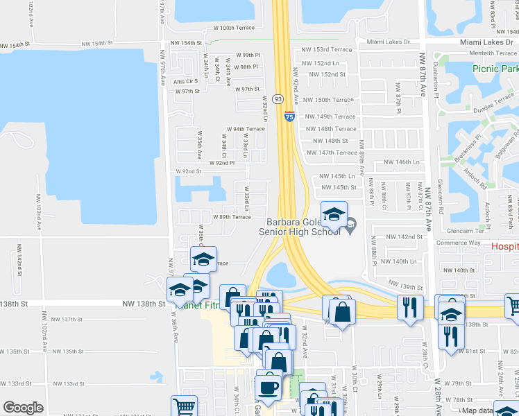 map of restaurants, bars, coffee shops, grocery stores, and more near 8915 West 33rd Avenue in Hialeah