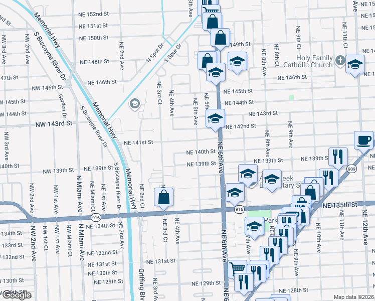 map of restaurants, bars, coffee shops, grocery stores, and more near 450 Northeast 140th Street in North Miami
