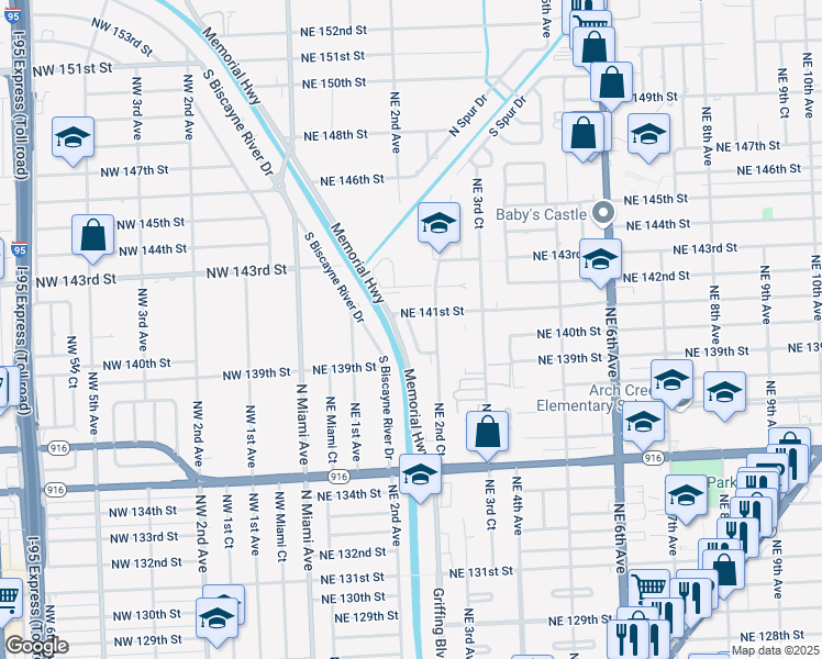 map of restaurants, bars, coffee shops, grocery stores, and more near 14004 Northeast 2nd Avenue in Miami