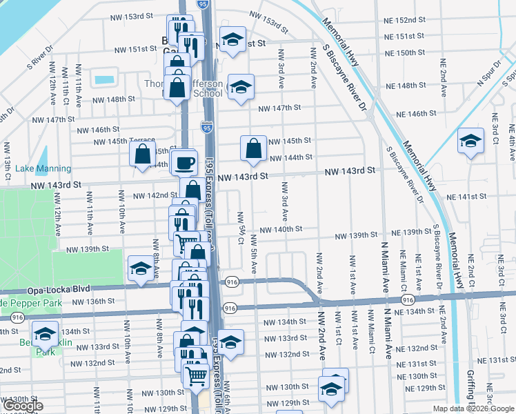map of restaurants, bars, coffee shops, grocery stores, and more near 14115 Northwest 5th Avenue in North Miami