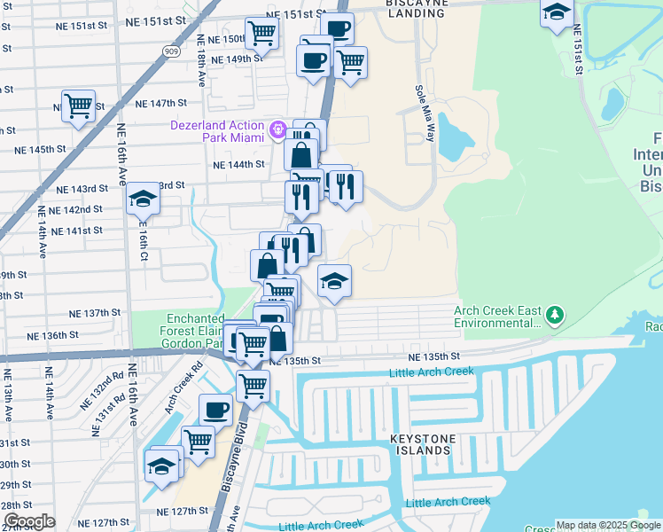 map of restaurants, bars, coffee shops, grocery stores, and more near 2090 Northeast 139th Street in North Miami Beach