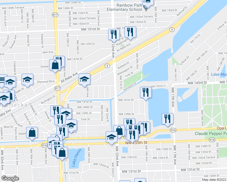 map of restaurants, bars, coffee shops, grocery stores, and more near 14155 Northwest 22nd Court in Opa-locka