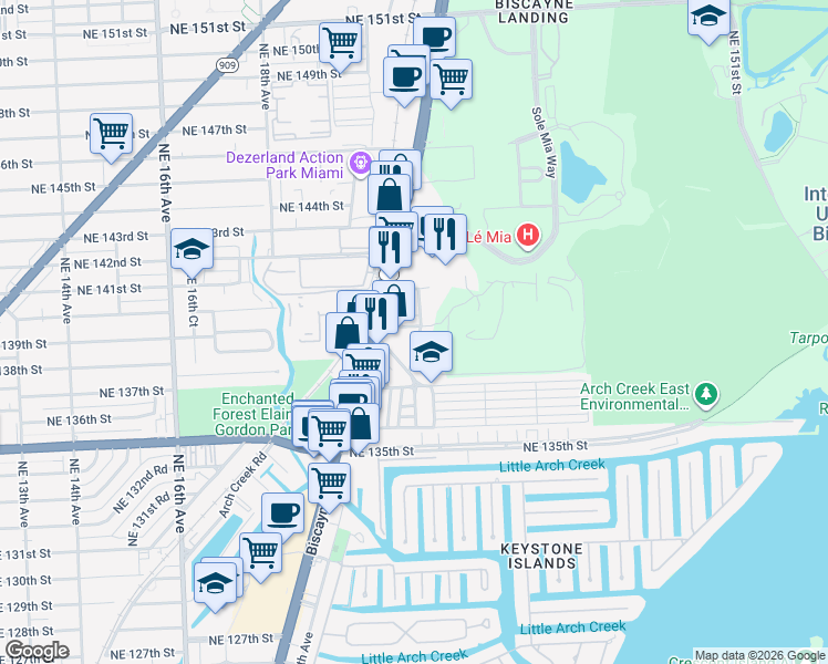 map of restaurants, bars, coffee shops, grocery stores, and more near 13767 Seabreeze Drive in North Miami Beach