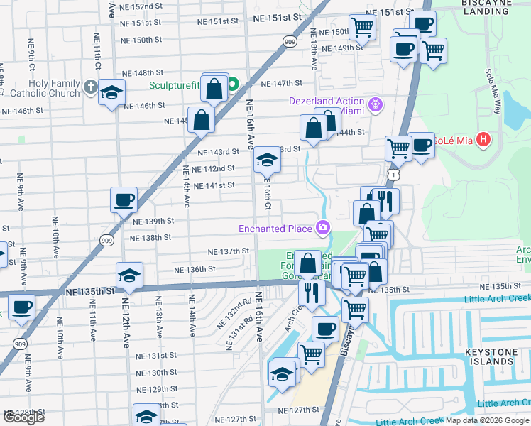 map of restaurants, bars, coffee shops, grocery stores, and more near 13855 Northeast 16th Court in North Miami