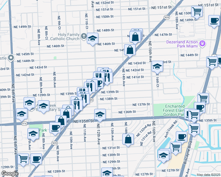 map of restaurants, bars, coffee shops, grocery stores, and more near 1270 Northeast 139th Street in North Miami