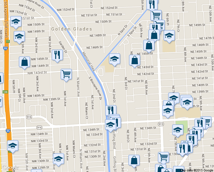 map of restaurants, bars, coffee shops, grocery stores, and more near 13961 Northeast 2nd Avenue in Miami