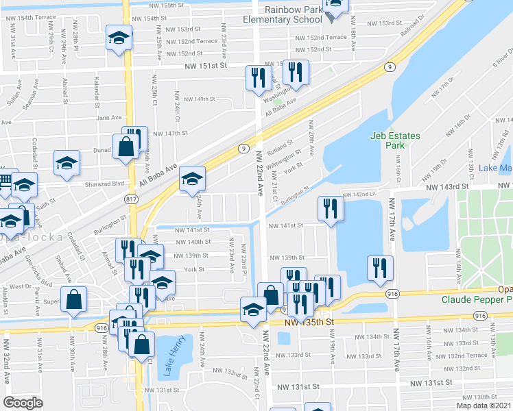 map of restaurants, bars, coffee shops, grocery stores, and more near 14155 Northwest 22nd Court in Opa-locka