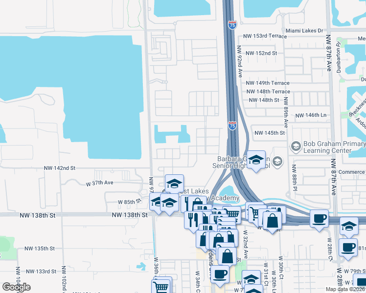 map of restaurants, bars, coffee shops, grocery stores, and more near 8912 West 34th Court in Hialeah