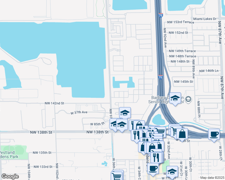 map of restaurants, bars, coffee shops, grocery stores, and more near 8906 West 35th Way in Hialeah