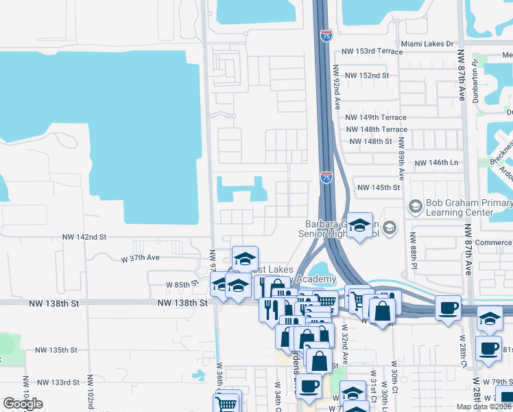 map of restaurants, bars, coffee shops, grocery stores, and more near 8912 West 34th Court in Hialeah