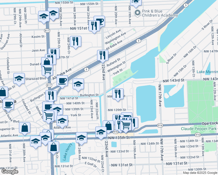 map of restaurants, bars, coffee shops, grocery stores, and more near 2171 Burlington Street in Opa-locka