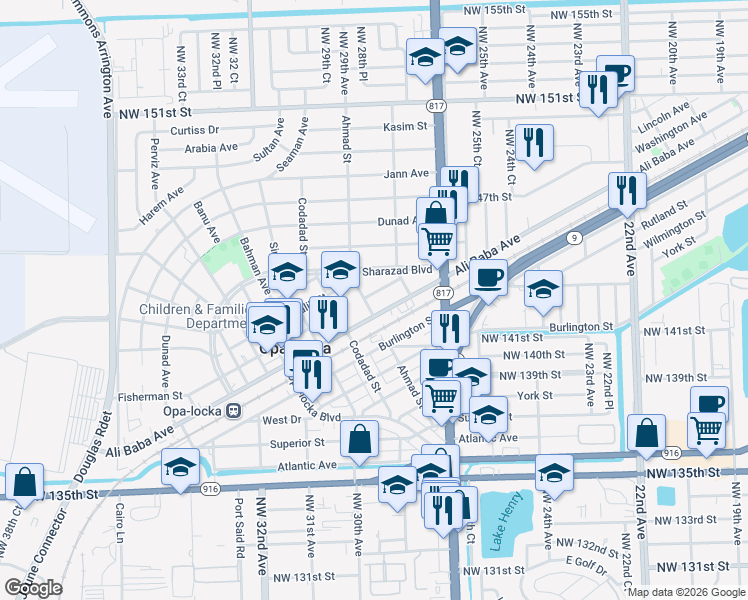 map of restaurants, bars, coffee shops, grocery stores, and more near 1201 Ali Baba Avenue in Opa-locka