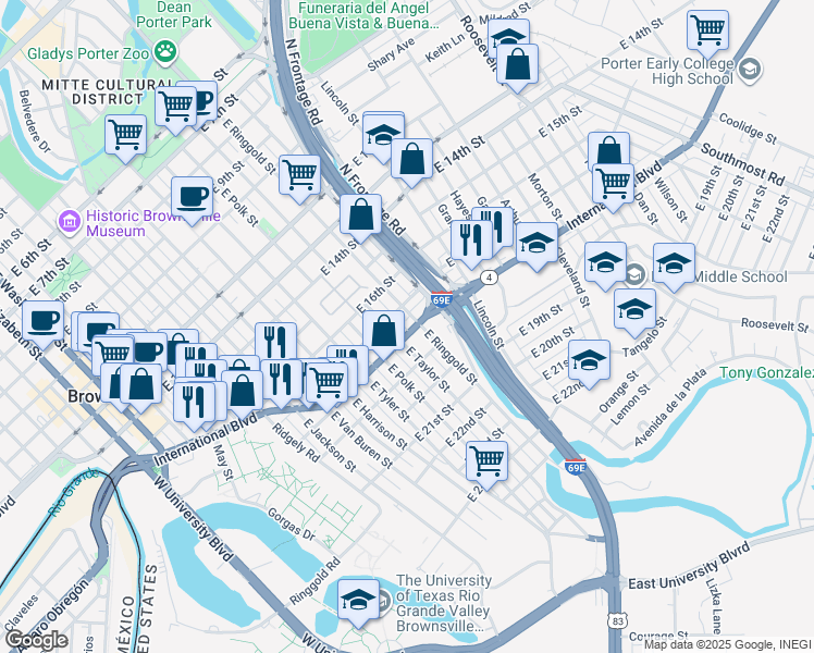 map of restaurants, bars, coffee shops, grocery stores, and more near Texas 4 in Brownsville