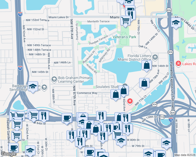 map of restaurants, bars, coffee shops, grocery stores, and more near 14342 Ardoch Place in Miami Lakes