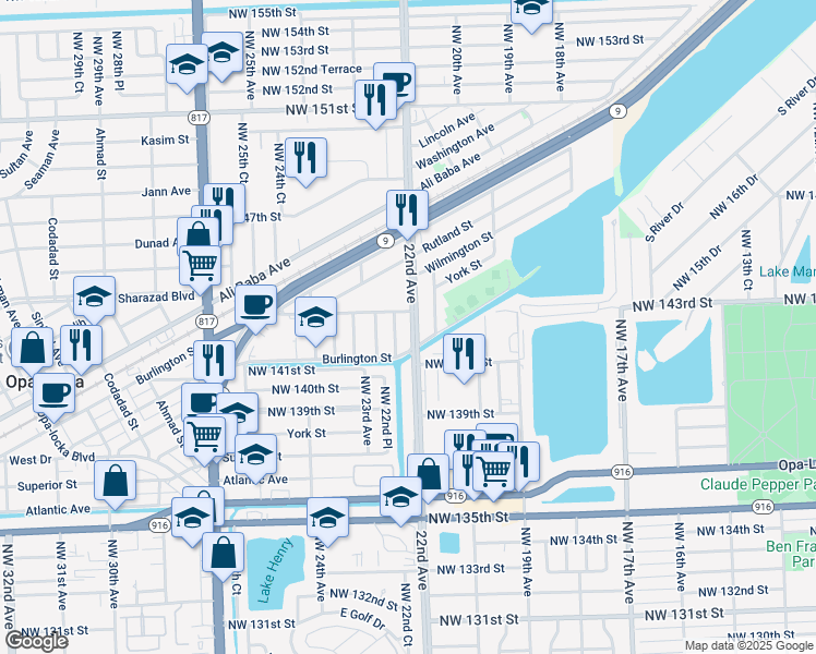map of restaurants, bars, coffee shops, grocery stores, and more near 14285 Northwest 22nd Place in Opa-locka