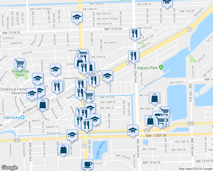 map of restaurants, bars, coffee shops, grocery stores, and more near 14120 Northwest 24th Avenue in Opa-locka